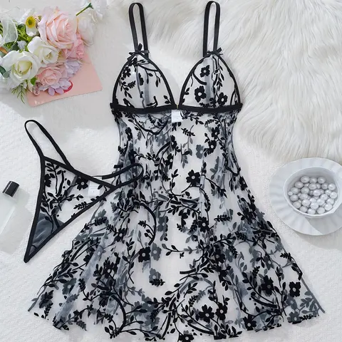 Women's Mesh Dress and Panties Set, Sheer Design Floral Embroidery Pattern, Strappy Lingerie, Perfect for Adults, Ideal for Dates, Valentine's Day, Night Out, Parties