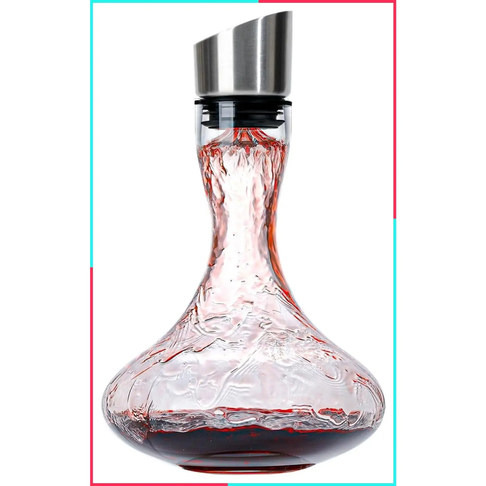 Hand Blown Wine Decanter with Aerator, 1300ml/44oz Red Wine Carafe, Crystal Glass with Stainless Steel Pour Lid and Filter, Elegant Easy Pour Design, Wine Aerator Gift