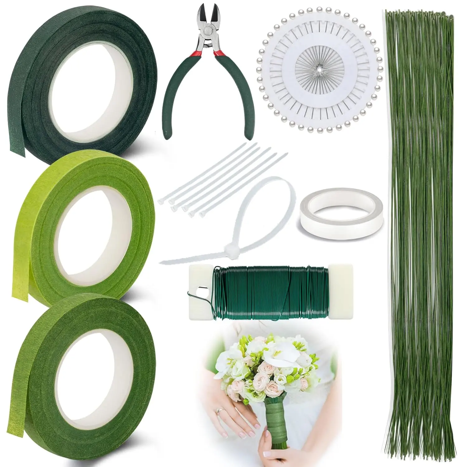 Floral Tape and Floral Wire Boutonniere Kit with Green Floral Tape, 22 Gauge Paddle Wire, 26 Gauge Stem, Wire  for Corsage Boutonniere Supplies