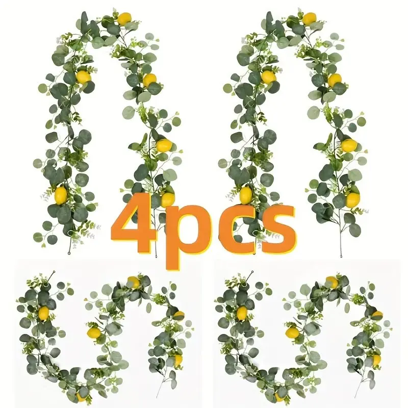 4 Artificial Lemon Wreaths with Eucalyptus Leaves, Realistic Plastic Hanging Vines, Home Wall Fireplace Table Wedding Farmhouse Decor, Artificial Hanging Plants