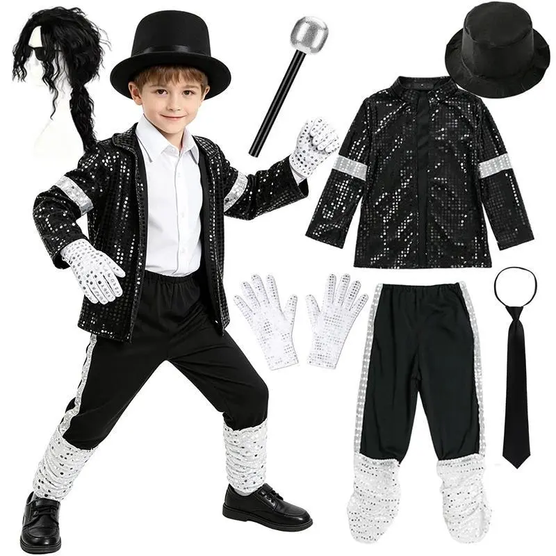 Kids Boys Michael Jackson Inspired Costume Set with Full Accessories for Dance Performance and Halloween Party