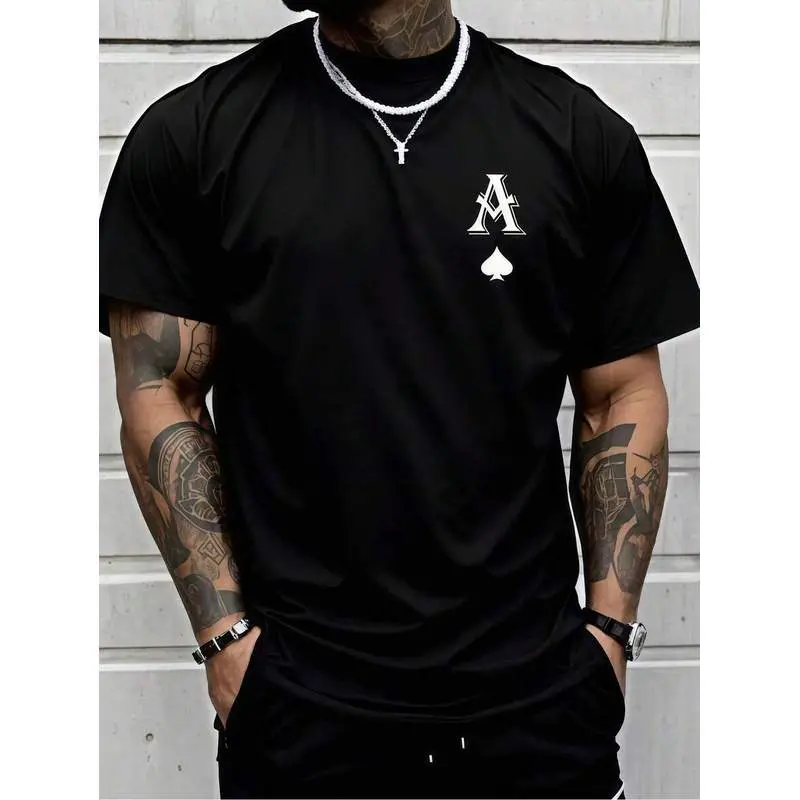 1 Pc Men's Clothing Ace Of Spades Printed Black Tshirt, Graphic Tee, Summer Tops, Shirt, Unisex Casual Crew Neck Tshirt, Plus Size Men's 5XL,