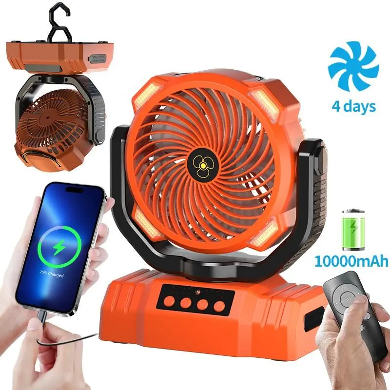 Camping Fan - 10000Mah Rechargeable Battery Fan with Built-In LED Light - Portable Outdoor Tent Fan with Hook, Four Adjustable Wind Speeds