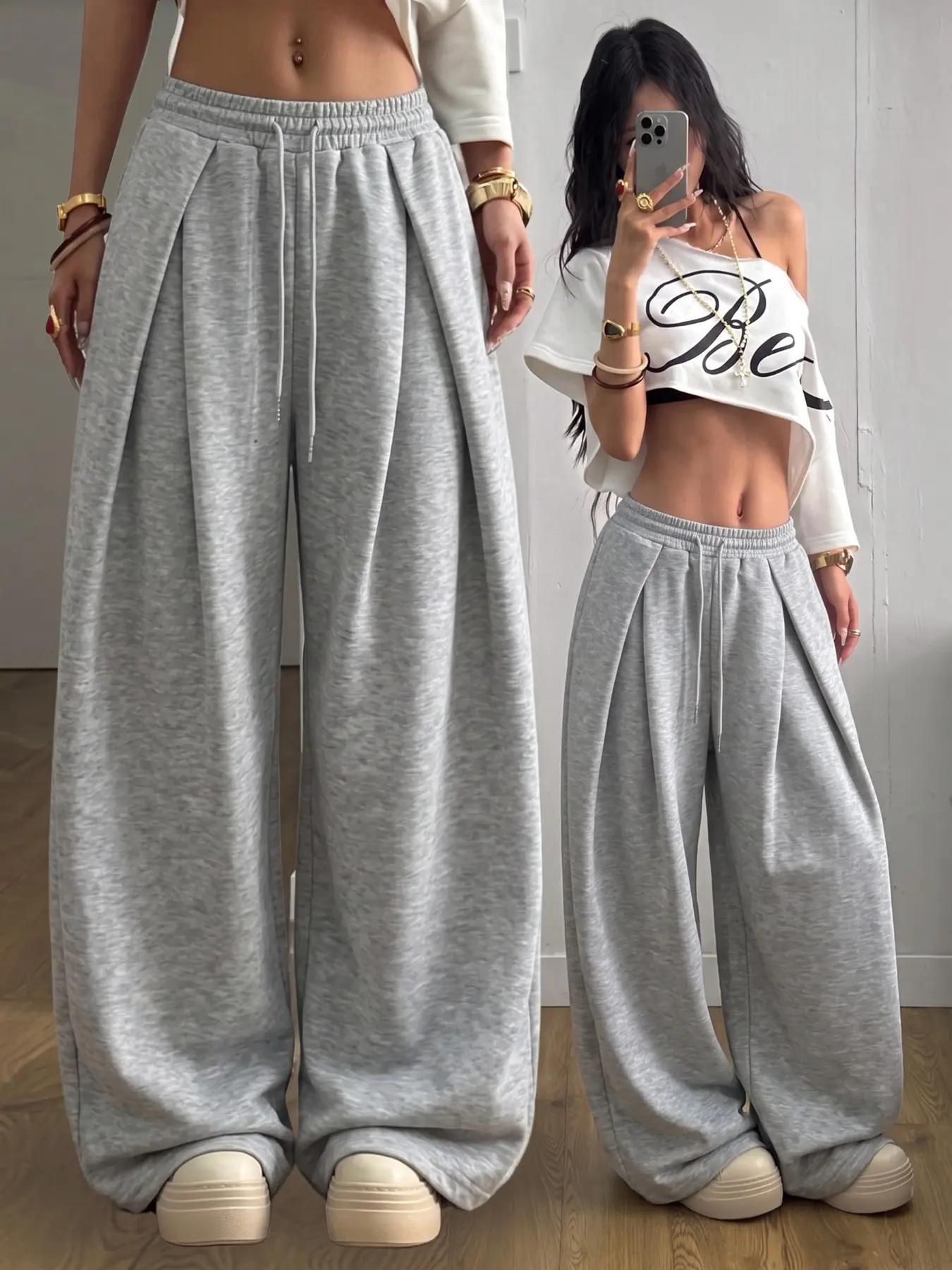 Women's Floral High-Waisted Wide-Leg Sweatpants, Loose-Fit Casual Streetwear, Drawstring Waist, Comfortable Home & Outdoor Wear, Adjustable