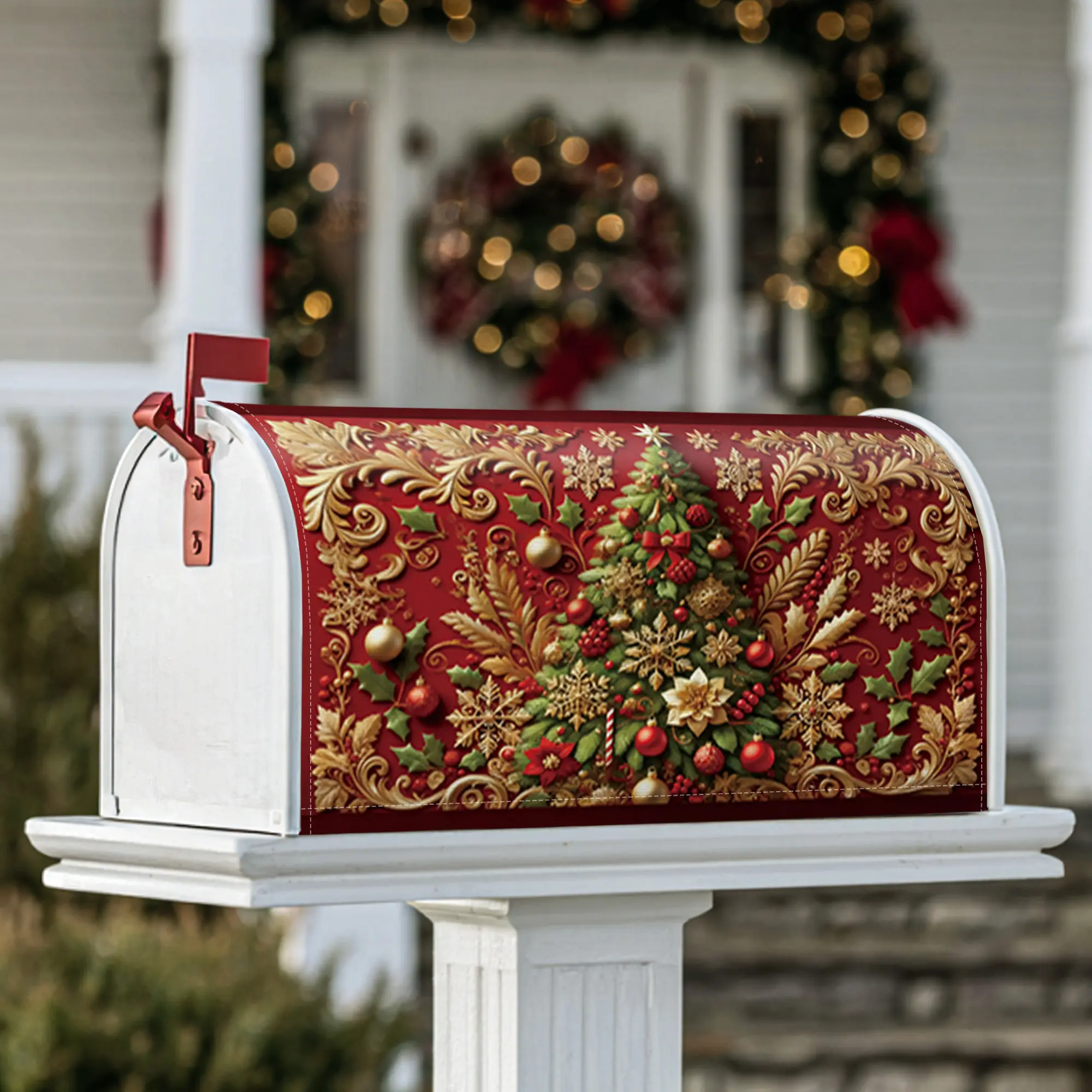Christmas tree Magnetic Mailbox Covers, Christmas festive ornaments holly Christmas red Mailbox Post Protector for Front Door Decor