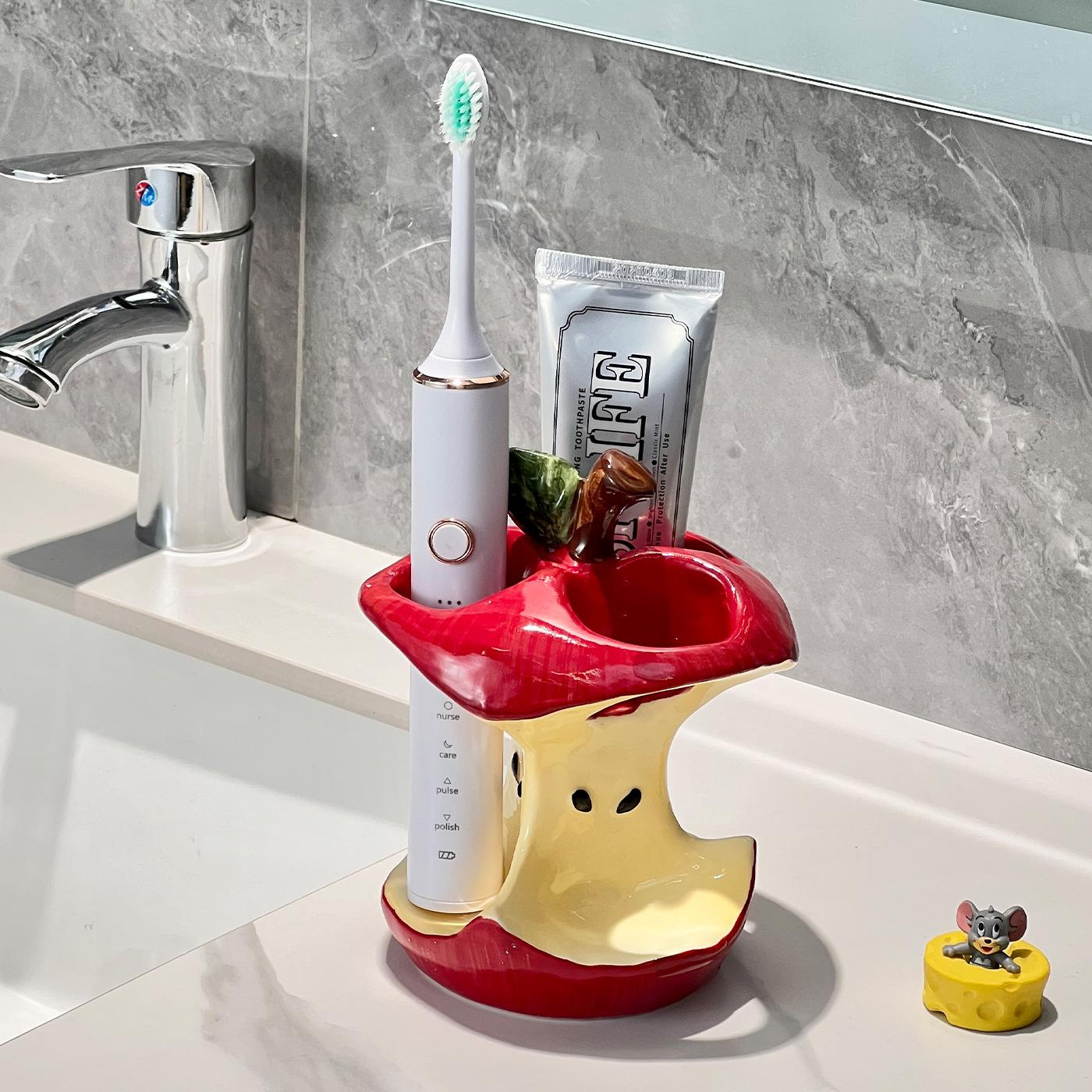 High-Value Apple Core Toothbrush Holder Ceramic Base, Water-Drip Design Bathroom Sink Accessory, Creative Toilet Essentials, Toothbrush Storage