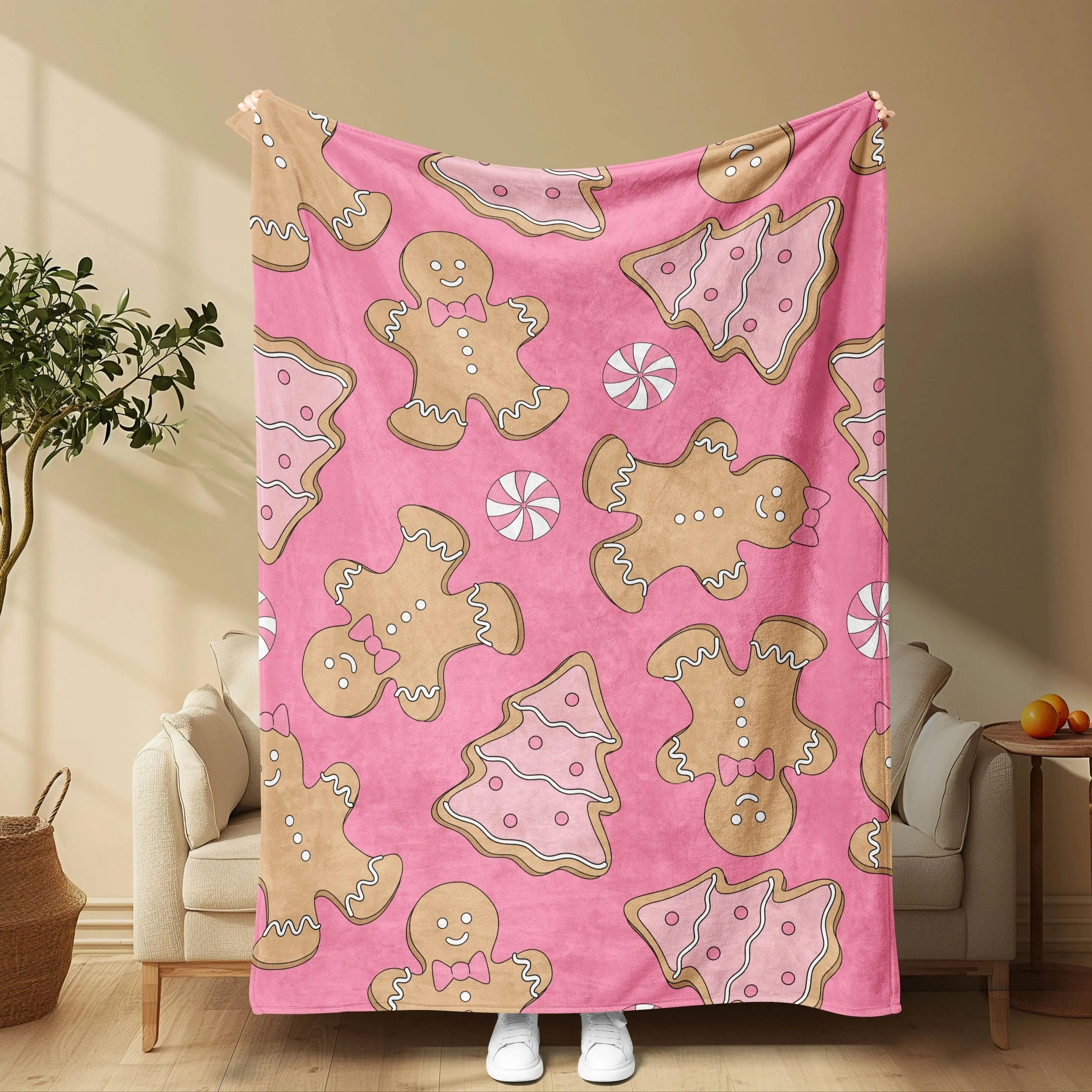 Pink Christmas Flannel Throw Blanket, fuzzy soft blanket cooling blanket, Festive Gingerbread Man Tree Printed Multi-purpose blanket for Home Office Travel Nap, perfect christmas gift anniversary birthday gift Holiday Season Decor Fans