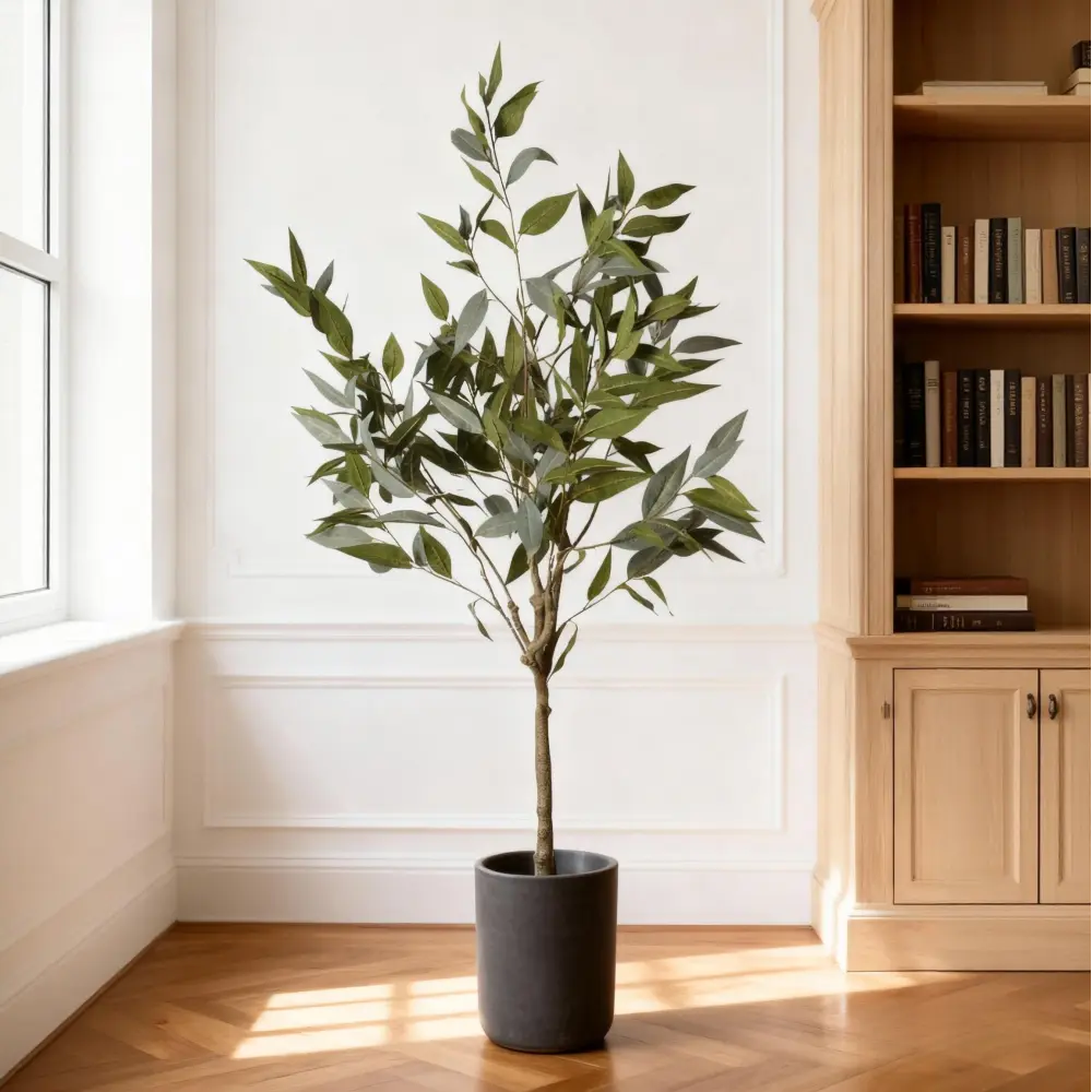 5FT Artificial Eucalyptus Tree with Black Plastic Pot, Realistic Faux Eucalyptus Plant, Lush Green Fake Potted Tree for Indoor Home Decor, Office, Living Room, Bedroom, Farmhouse Decoration, Low Maintenance Artificial Plant, Modern Floor Plant 1PC