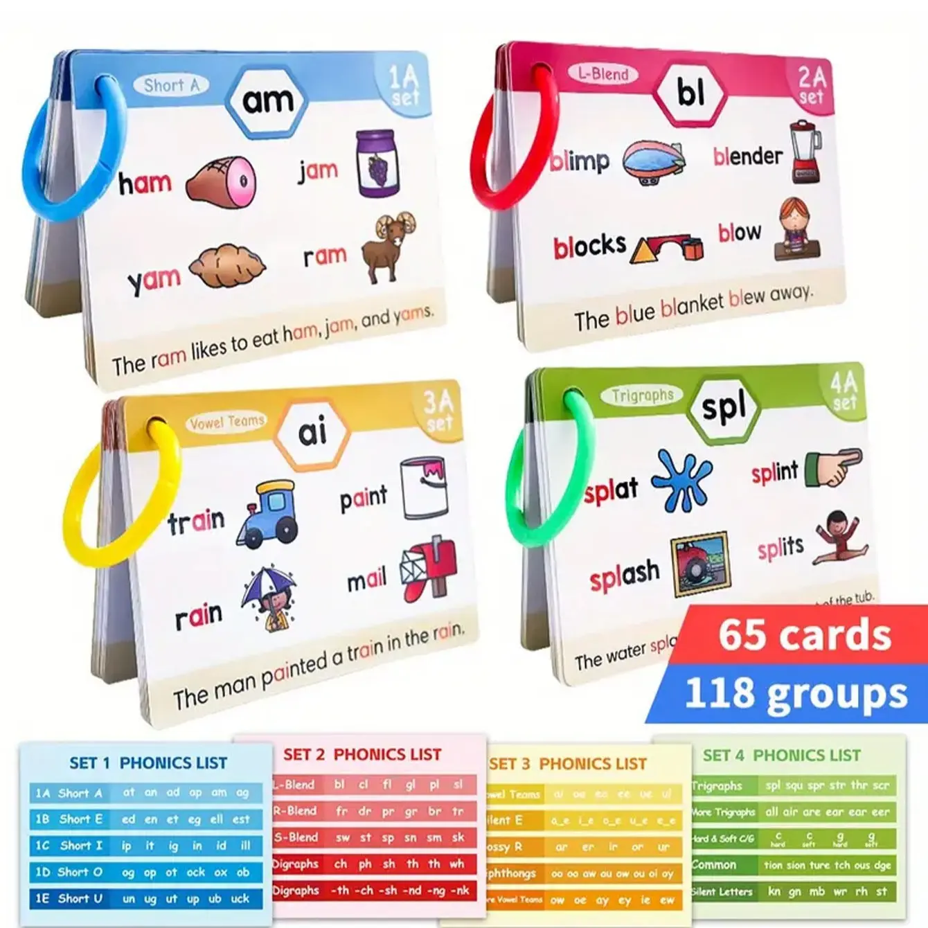 Phonics Flashcards (4-8 Years) - 20 Stages Learning Diphthongs, Cvc Blends, Long Vowels - Kindergarten, Grade 1 & 2 Educational Gift Letter Flash Cards