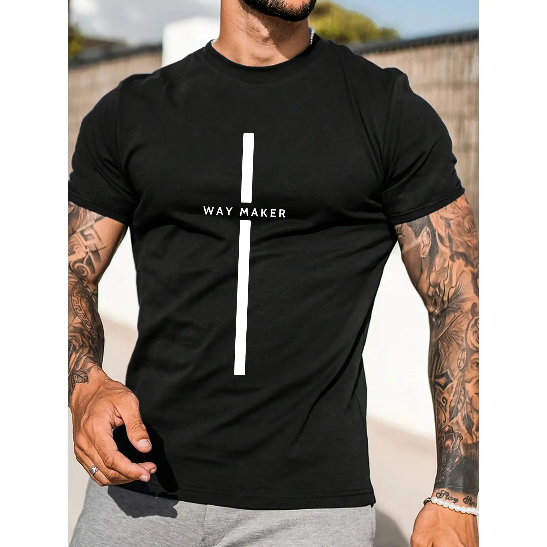 T-Shirt With Black Vertical Stripe & 'WAY MAKER' Print - Casual & Athletic Summer Short Sleeve Round Neck Tee, Minimalist Faith Apparel, Machine Washable For Church Events & Casual Attire Round Neck Casual Streetwear, Holiday Shirt, Unisex