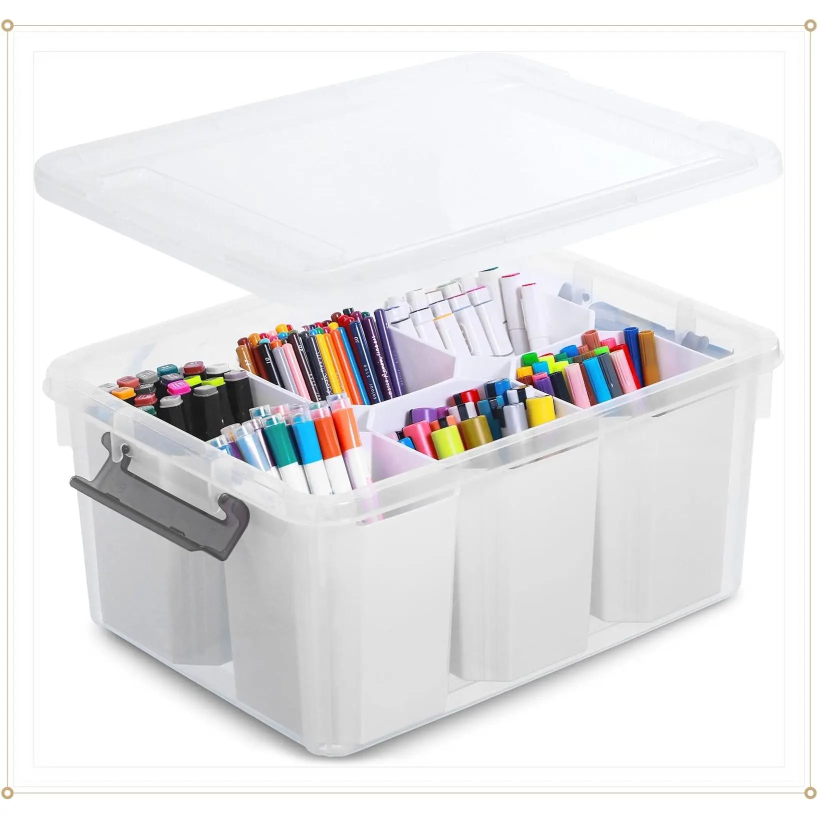 17QT Clear Plastic Craft Organizer and Storage Bin with Lids, Art Supply Organizer for Markers, Crayons and Crafts, 6 Detachable Inserts, Versatile Stackable, No AssemblyGift
