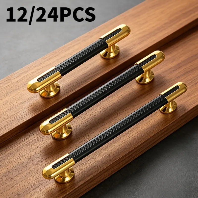 12/24pc high-end black handles   gold drawer pulls, made of aluminum alloy, suitable for drawers, shoe cabinets, entry, cabinets, wardrobes, door handles, and dressing tables, luxury style, screws included.