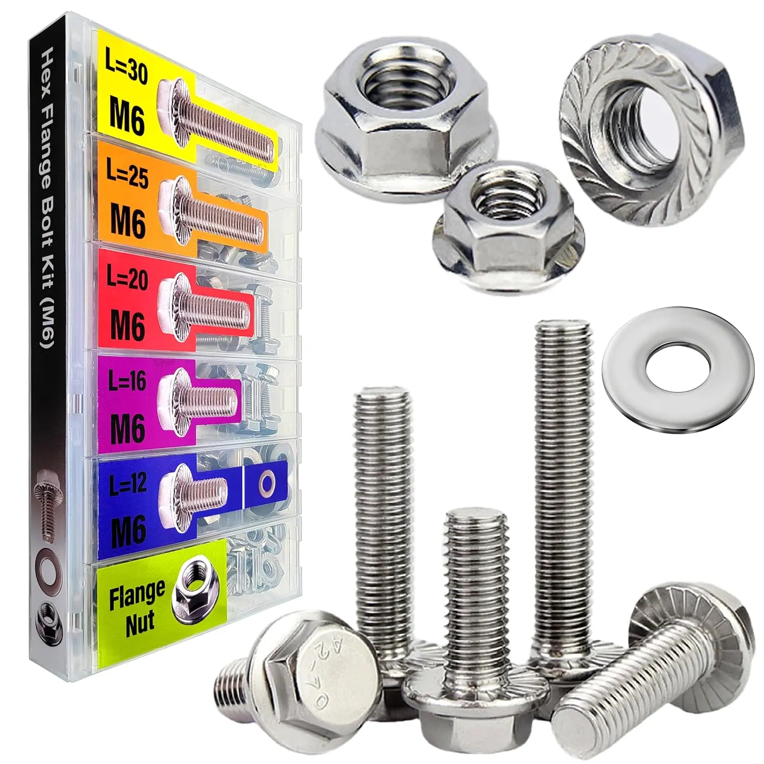 Metric Hex Flanged Bolt  Kit 138 count and Nuts Kit Set,M6 Bolt 12 mm 16mm 20mm 25mm 30mm, Flange Metric Large Hardware Grade Hex Bolt ,304 Stainless Steel Class Flat Washers