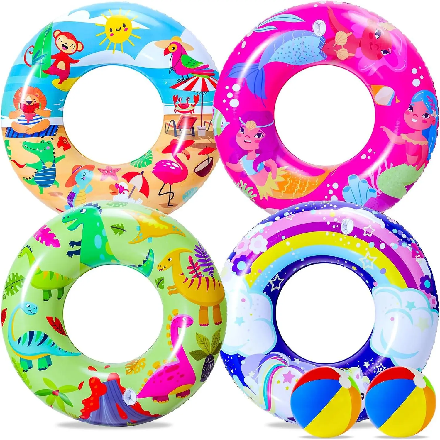 6PCS Pool Floats Kids, 4 Pcs Swim Tubes Rings & 2 Pcs Beach Balls, Inflatable Pool Floaties Water Toys for Swimming Pool Party Kids Adults