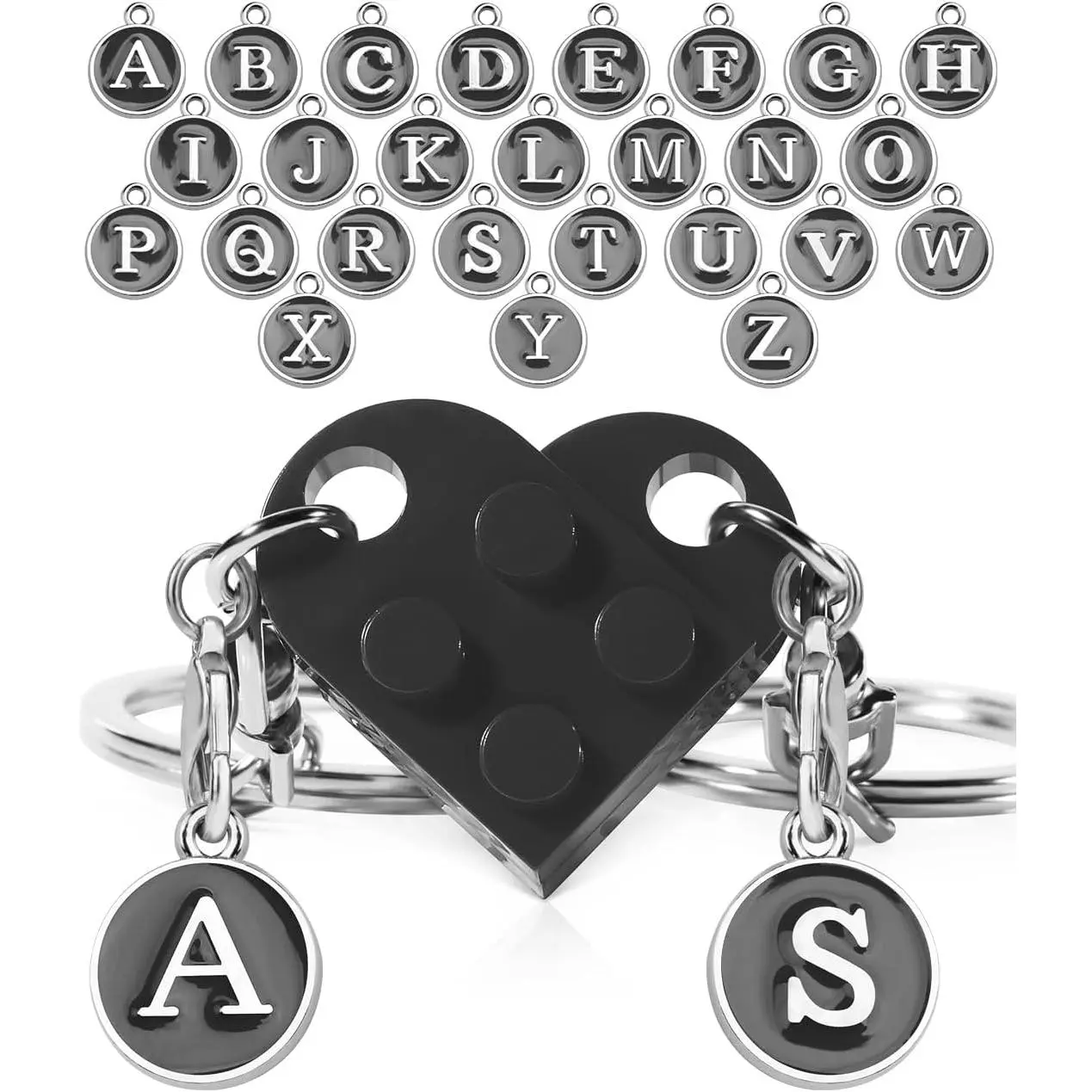 Matching Couple Heart Keychain Set, Valentine's Day/Christmas Romance Gifts for Boyfriend, Anniversary Letters-Infused Accessory Compatible with Lego, Alphabet