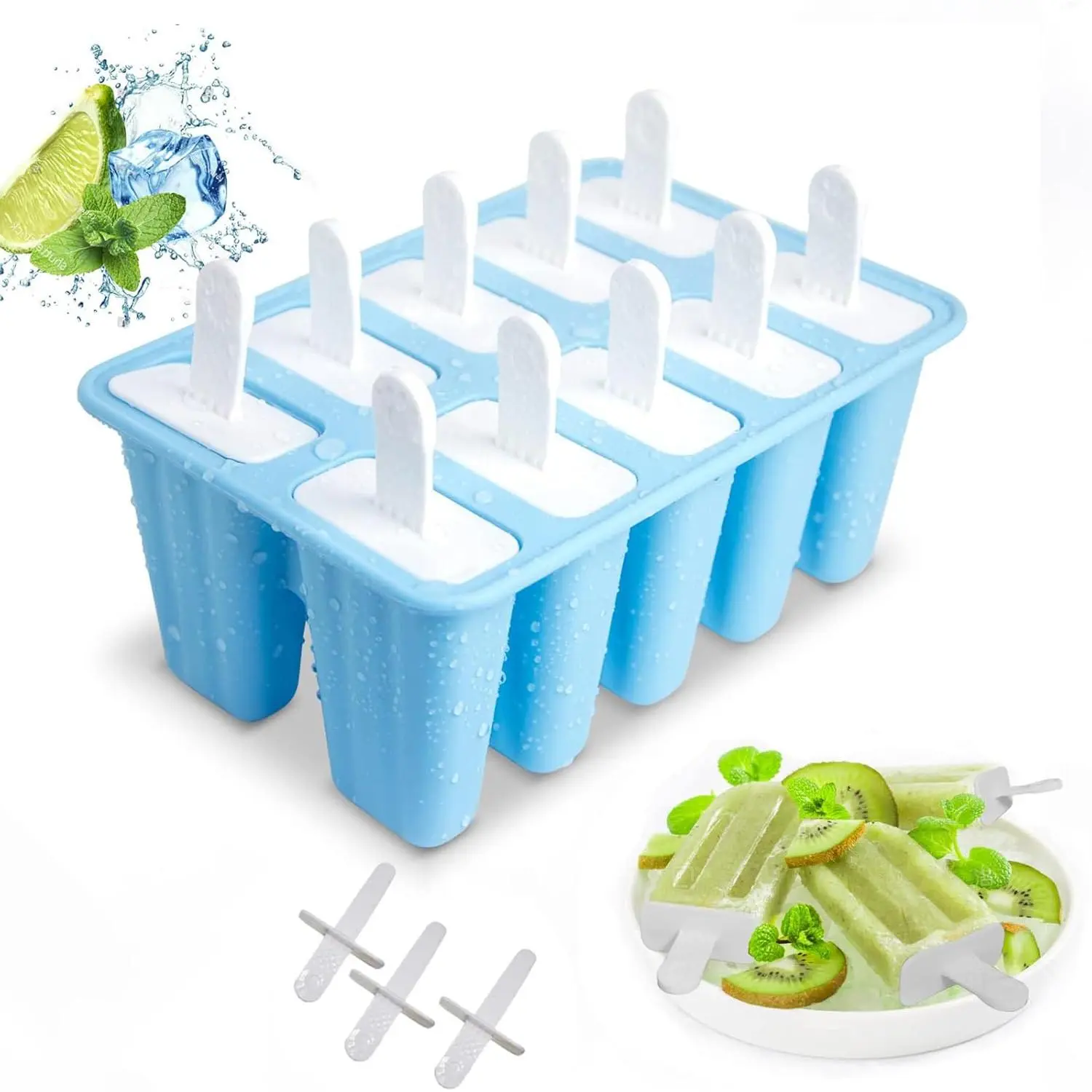 [Summer Essentials]Popsicle Molds, 10 Pieces Silicone Popsicle Molds with Sticks BPA Free Ice Pop Molds Reusable Easy Release Ice Popsicle Maker, Bluegift