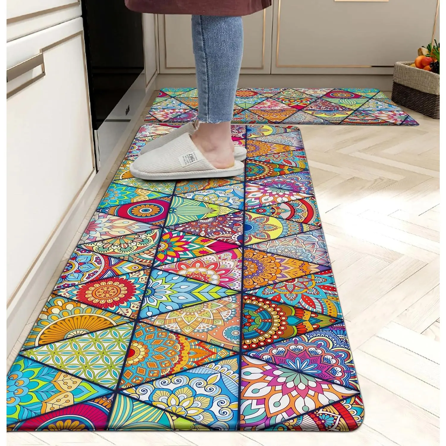 Boho Rugs Set of 2 Cushioned Anti Fatigue Mats for Non-Slip Waterproof Mats Colorful Ergonomic Cushioned Standing Mat for Laundry, Office, Sink
