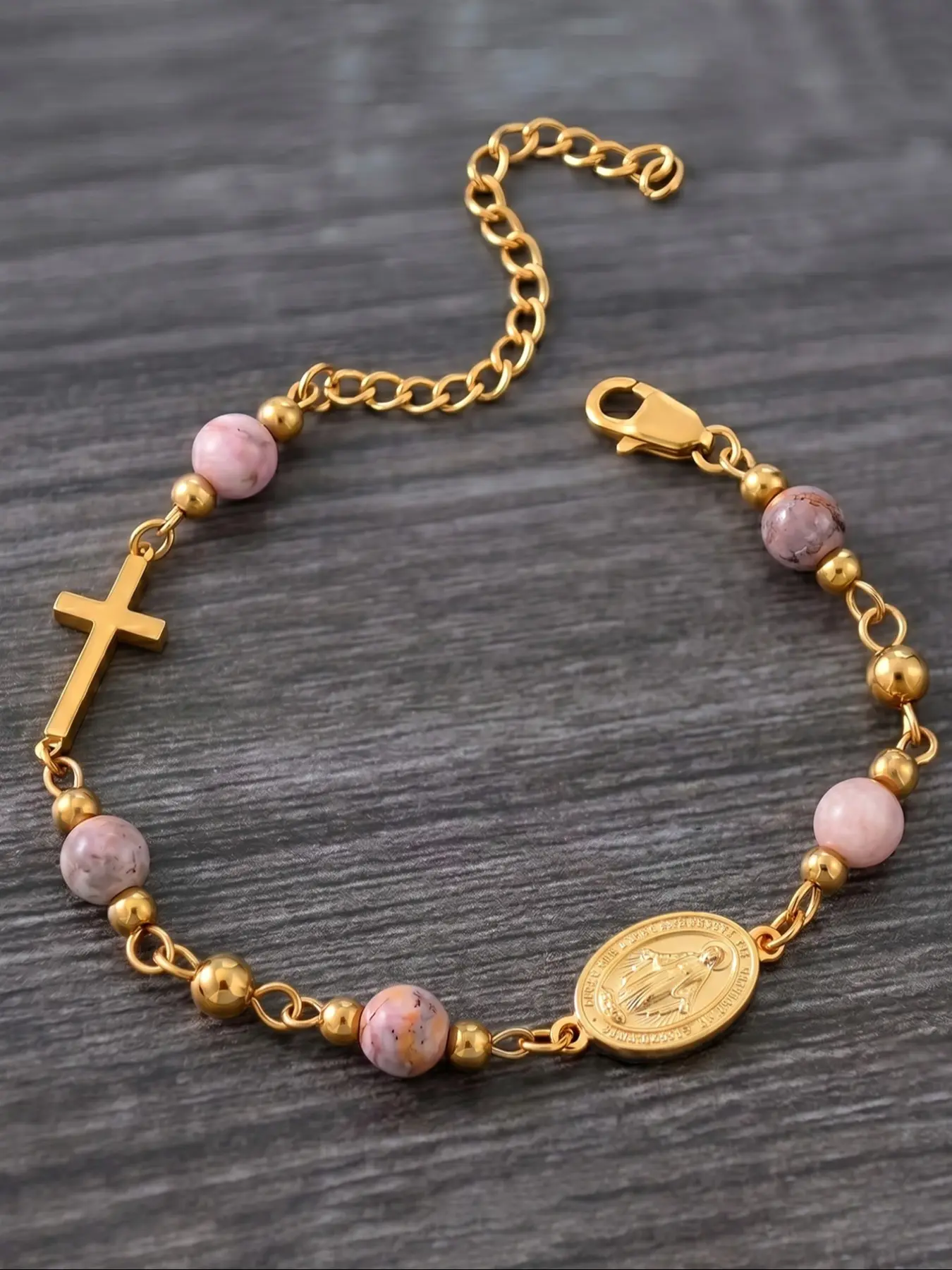 Stainless Steel Guadalupe Mary Beads Bracelet, Natural Stone Cross Faith Bracelet, Catholic Women's Gift, Elegant Chain Print Style