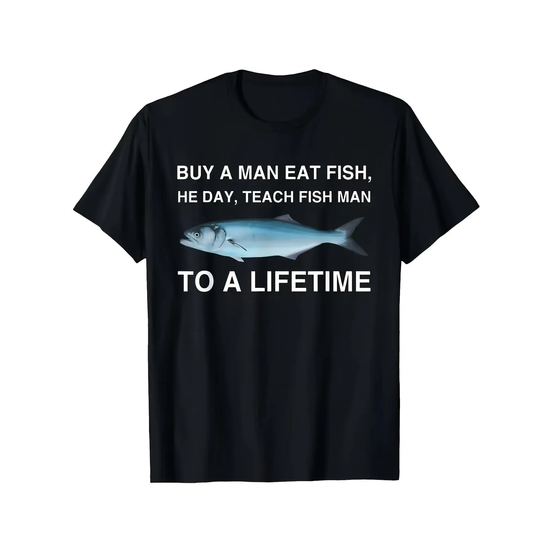 Men's Gothic Fishing Humor T-Shirt - "Buy a for Man Eat Fish, Teach Fish for Man to Fish, Eat Fish for Lifetime" Slogan & Fish Graphic Print, Soft Breathable Round Neck Casual Short Sleeve Tee for Fishing Trips, Casual Attire - Funny Fishing Saying Gift f