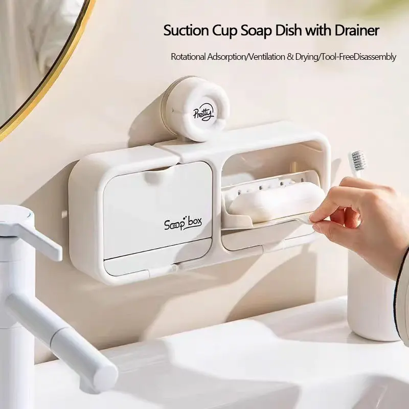 Wall-Mounted Soap Dish with Suction Cup, No-Drill Bathroom Soap Holder, Dual Window Drainage, Sticky Hook Installation, Soap Storage Organizer