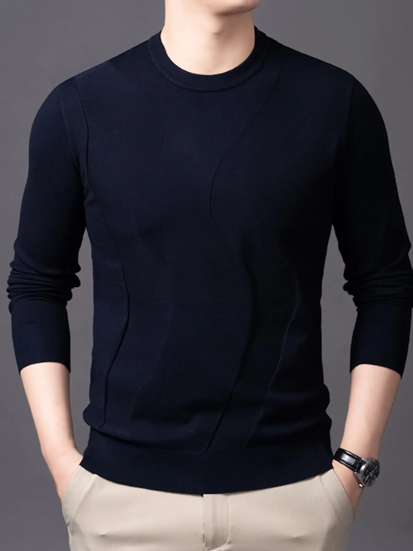 Men's Plus Size Round Neck Long Sleeve Knit Sweater, Fall Winter Casual Oversized Pullover, Lightweight Jacquard Top, 300lbs Comfort Fit