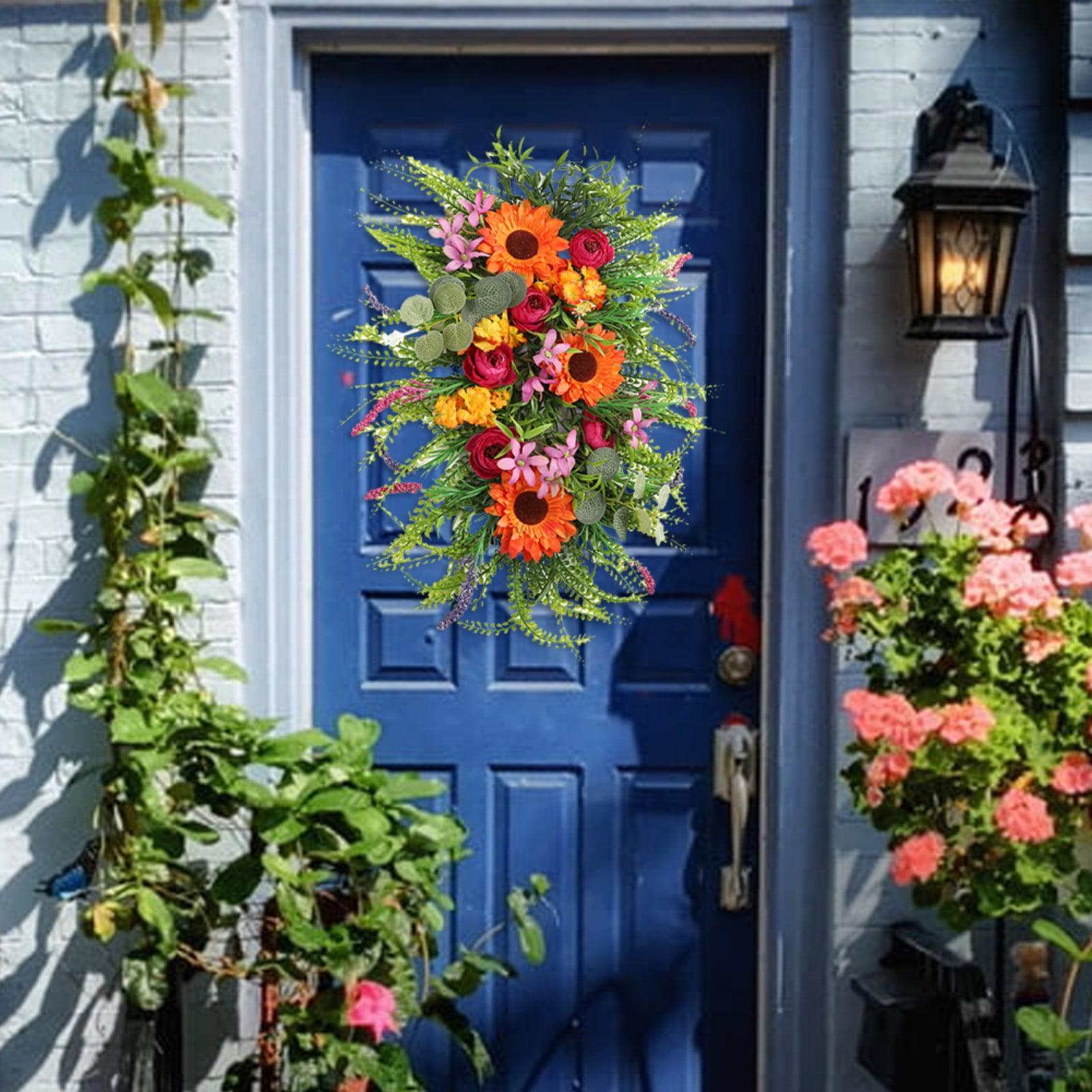 Farmhouse Colorful Eucalyptus Spring Wreath for Front Door, Cottage Durable and Stable Beautiful Artificial Wreath Hanging Ornament, All Seasons Welcome Sign Festival Party