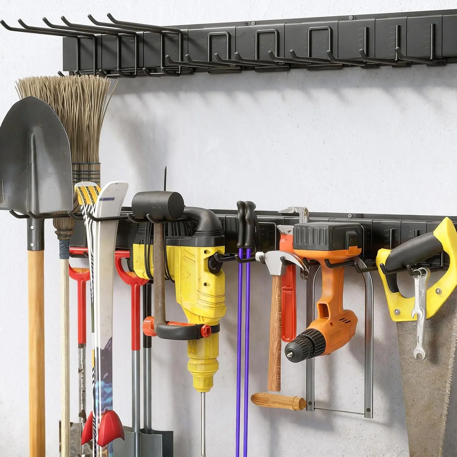 66" Garage Tool Organizer Wall Mount, 720lbs Tool Storage Organizer with Adjustable Sliding Hooks, Heavy Duty & Anti-Rust Garden Tools Storage Rack for Hanging Rake Broom/Mower/Snowboard