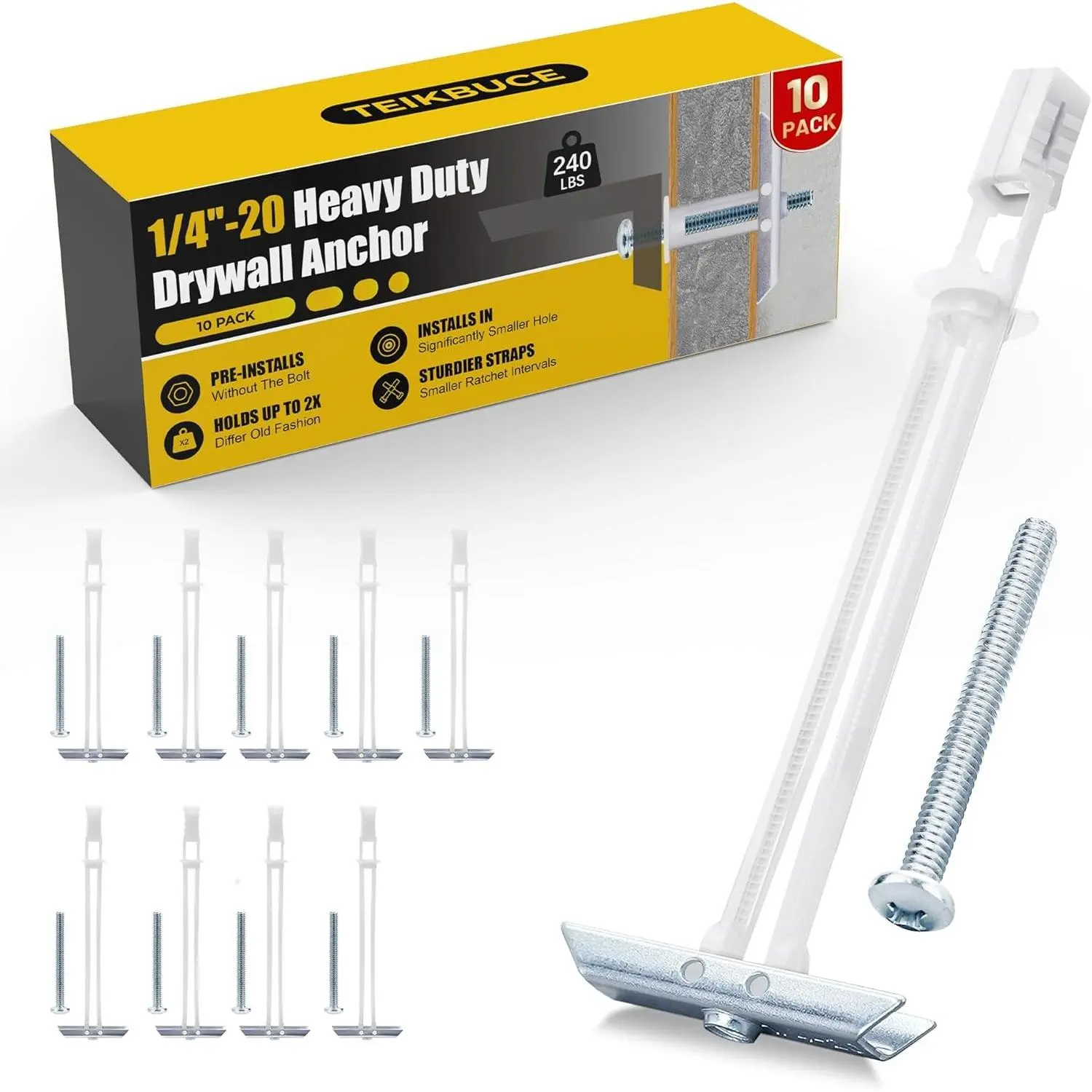 Heavy Duty Drywall Anchor Bolts Kit with 1/4"-20 Fasteners, Supports Up to 270 lbs Each on 1/2 in Drywall, Ideal for TV Mounting, Pack of 10
