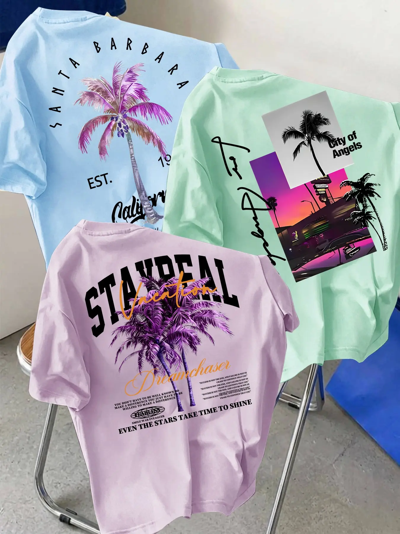 3 Pack Mens Crew Neck Short Sleeve Tees Tropical Palm Tree California City Vacation Cursive Letter Back Graphic Print Loose Fit Coastal Summer Streetwear Tops For Beach Travel Leisure Daily Outfit#CoastalVacationTees #PalmTreeGraphicShirts#fyp