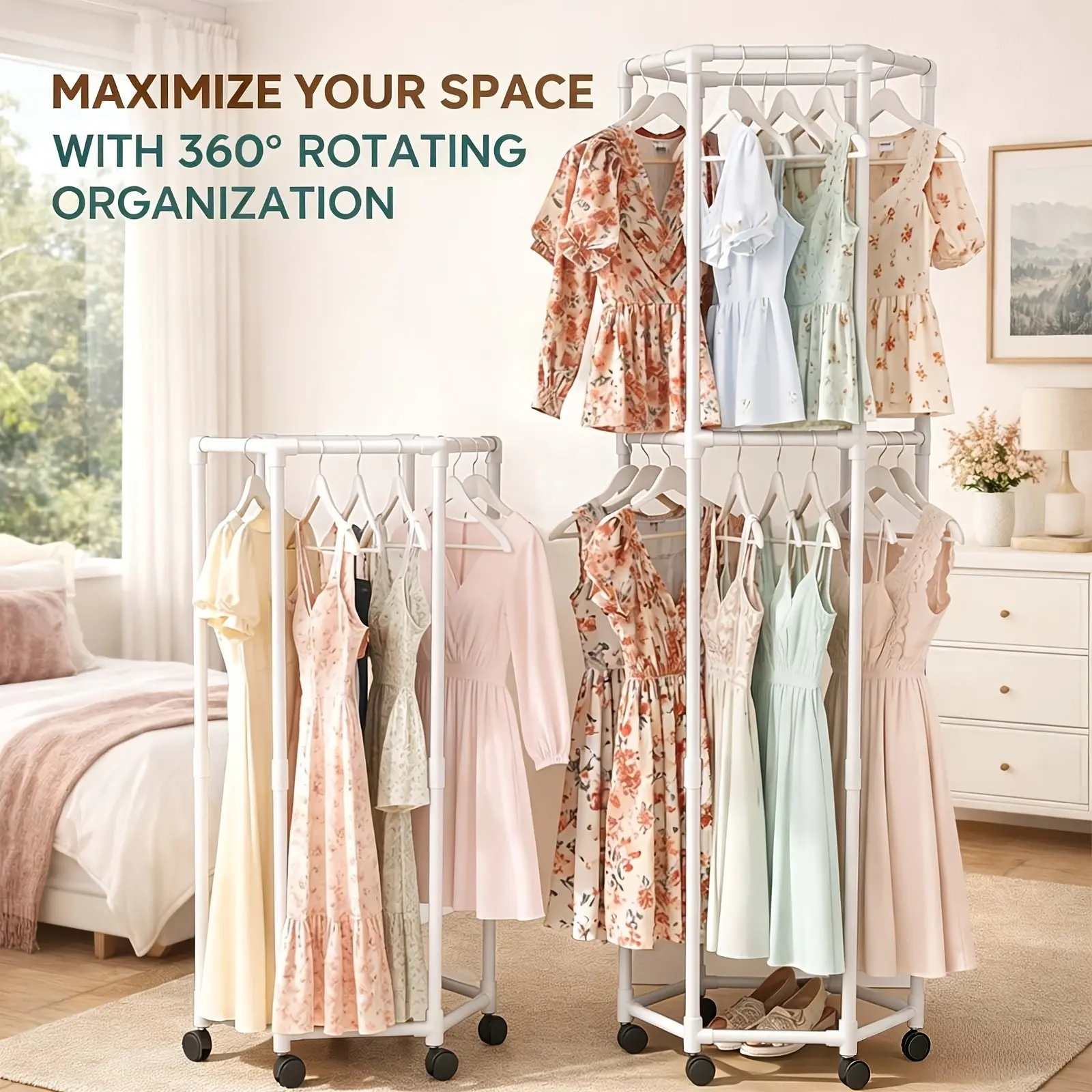 Heavy-Duty Rotating Clothing Rack with Wheels - Freestanding Space-Saving Garment Organizer Suitable for Bedroom, Laundry Room, Commercial Use, Multifunctional Rotating Dresser Rack with Hanging Rods for Coats, Dresses, Pants Storage