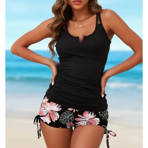 Women's 2-Piece Ribbed Tankini Set - Black Double-Strap Notched Neck Top, Tropical Floral Side-Tie Swim Shorts, Beach Pool Secure Fit Summer Resort Sports Swimwear, Bathing Suit, Resort Wear, Side Tie Shorts, Multi-Size