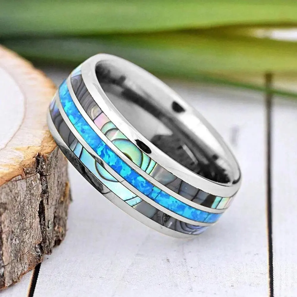 Men's 8mm Silver Tungsten Wedding Rings - Stainless Steel, Inlaid Abalone Shell & Blue Opal, Vintage Punk Jewelry, Alternative Artistic Rings, Abalone Stripe, Handmade Polish Fashion Accessory, Inlaid Shell, Handmade Rings, Inlaid Stones