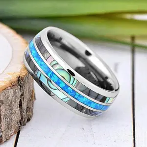 Fashion 8mm Silver Color Tungsten Wedding Men Stainless Steel Rings Inlay Abalone Shell Blue Opal Rings Men Wedding Jewelry