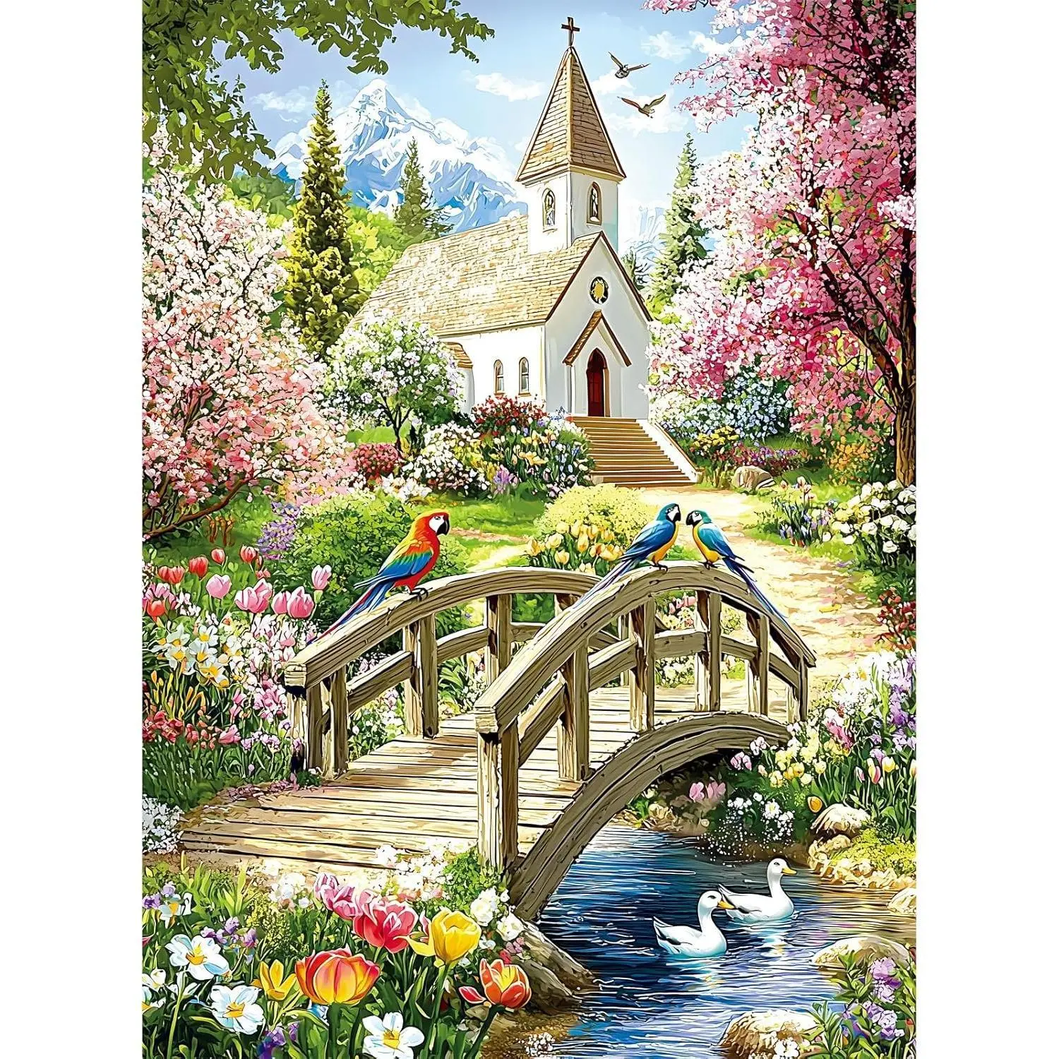 Puzzles for Adults 500 Pieces,Charming Lakeside Church Puzzle for Adults,Beautiful Flower & Parrot Jigsaw Puzzles for Seniors,Puzzles for Family Game Nights & Holiday Party Gifts