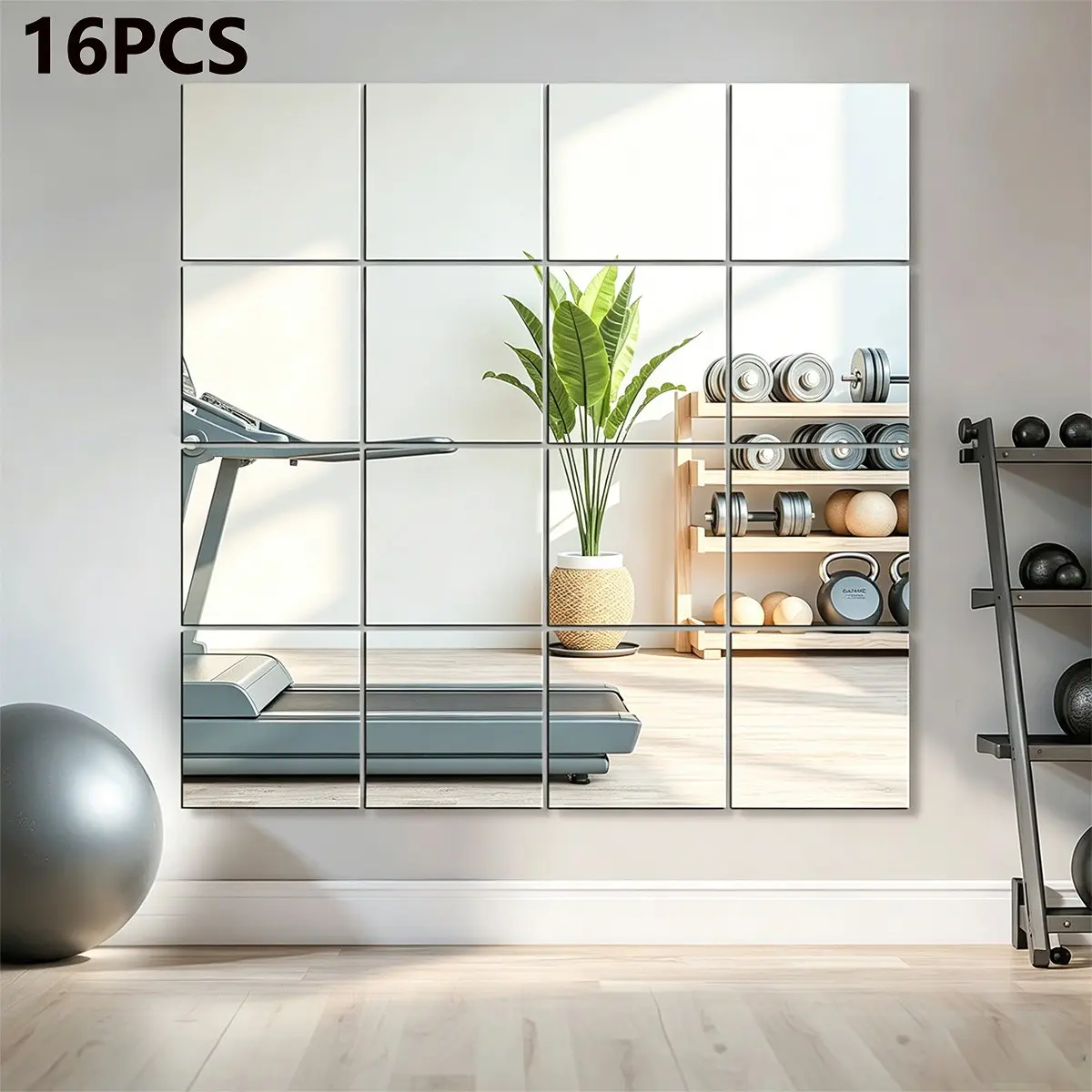 16pcs Square Acrylic Mirror Wall Stickers, Self-Adhesive Waterproof Frameless Full Body Splice Mirror Wall Stickers, Decor Wall Mirror for Yoga Room Dance Studio Gym Dorm Rental House, Home Decoration, Decorative Sticker