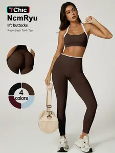 Women's Two-Piece Sportswear Set, High Elasticity Quick-Dry Fabric, U-Neck Top with Thin Straps, High-Waisted Pants, Peach Butt Design