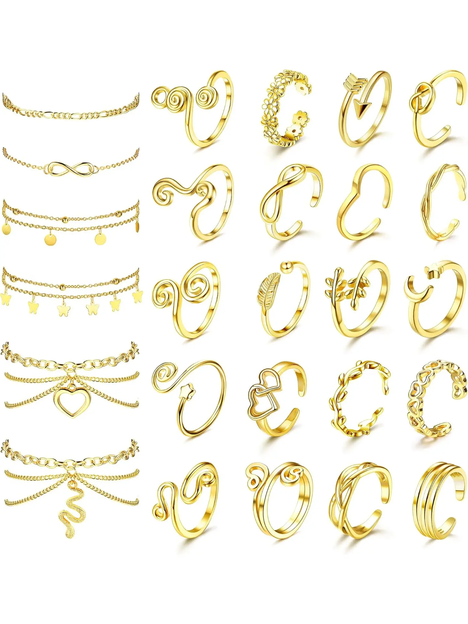 Adjustable Open Toe Ring & Anklet Set for Women, Waterproof Foot Bracelet, Dainty Summer Foot Jewelry for Beach, Vacation, Pool and Daily Wear