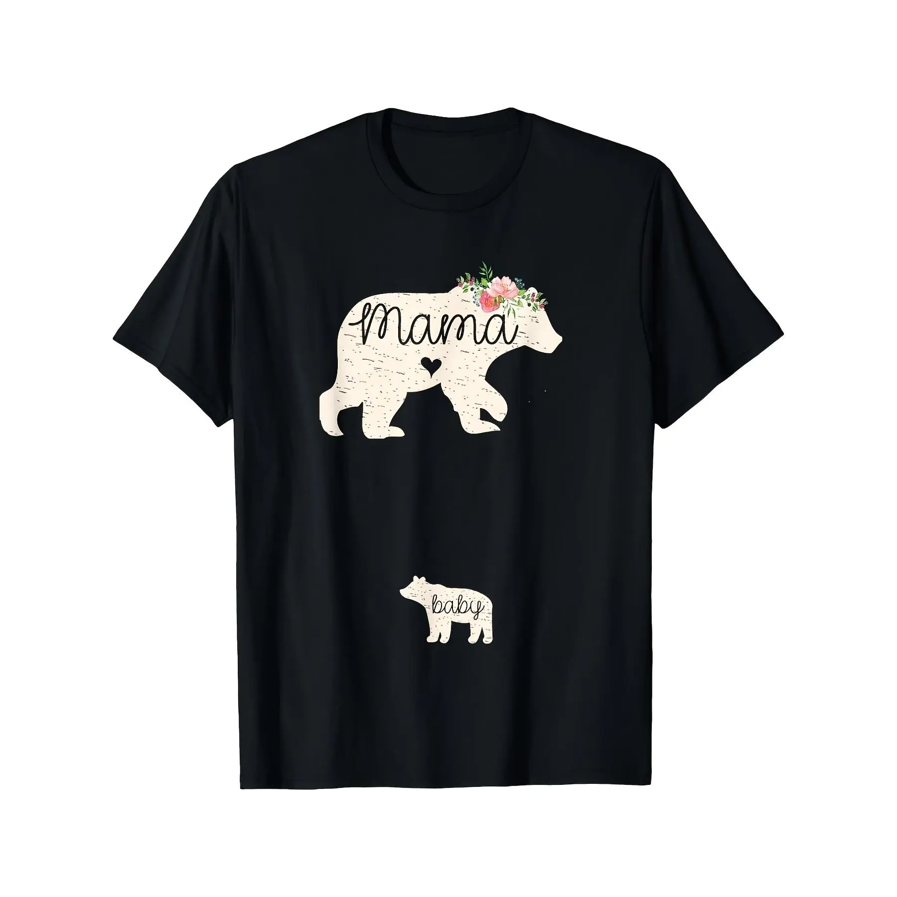 Black Relaxed Fit TShirt Featuring a Floral Bear And Heart Design Perfect for Announcing a Pregnancy This Machine Washable Maternity Gift Is Ideal for Expectant Mothers Offering Comfort for ERetro Casual Short-sleeved T-shirt with a Round Neck