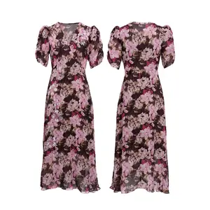 TCH - Light Luxury Bubble Sleeve Floral Dress for Women in the Summer of 2026, New Style with Hot Diamond to Show off Thin Temperament, Waist hugging Long Dress for Women