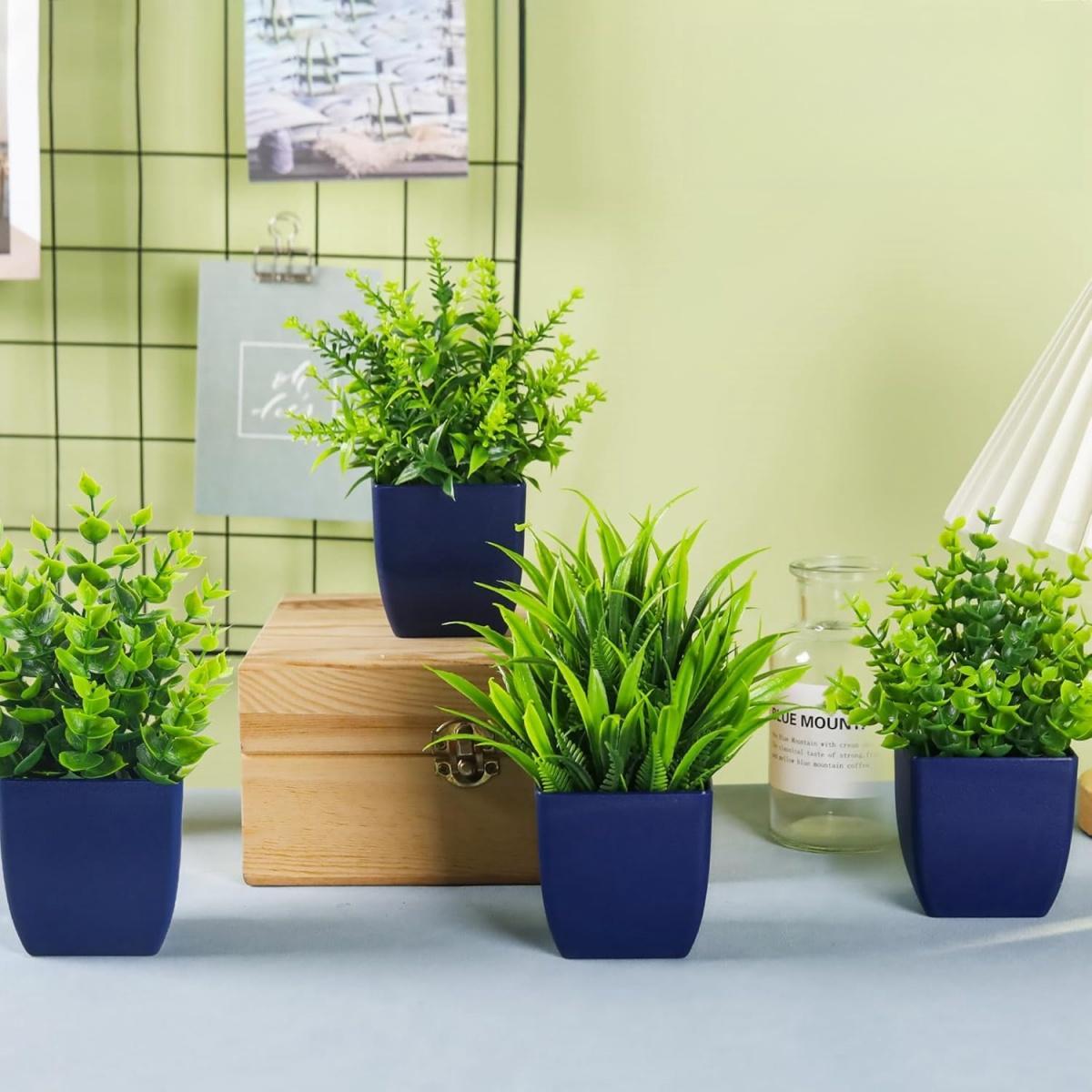 Artificial Potted Plant Set, 4-Count Faux Plants with Pots, Fake Plants for Home and Office Shelf Decor, Garden Ornaments