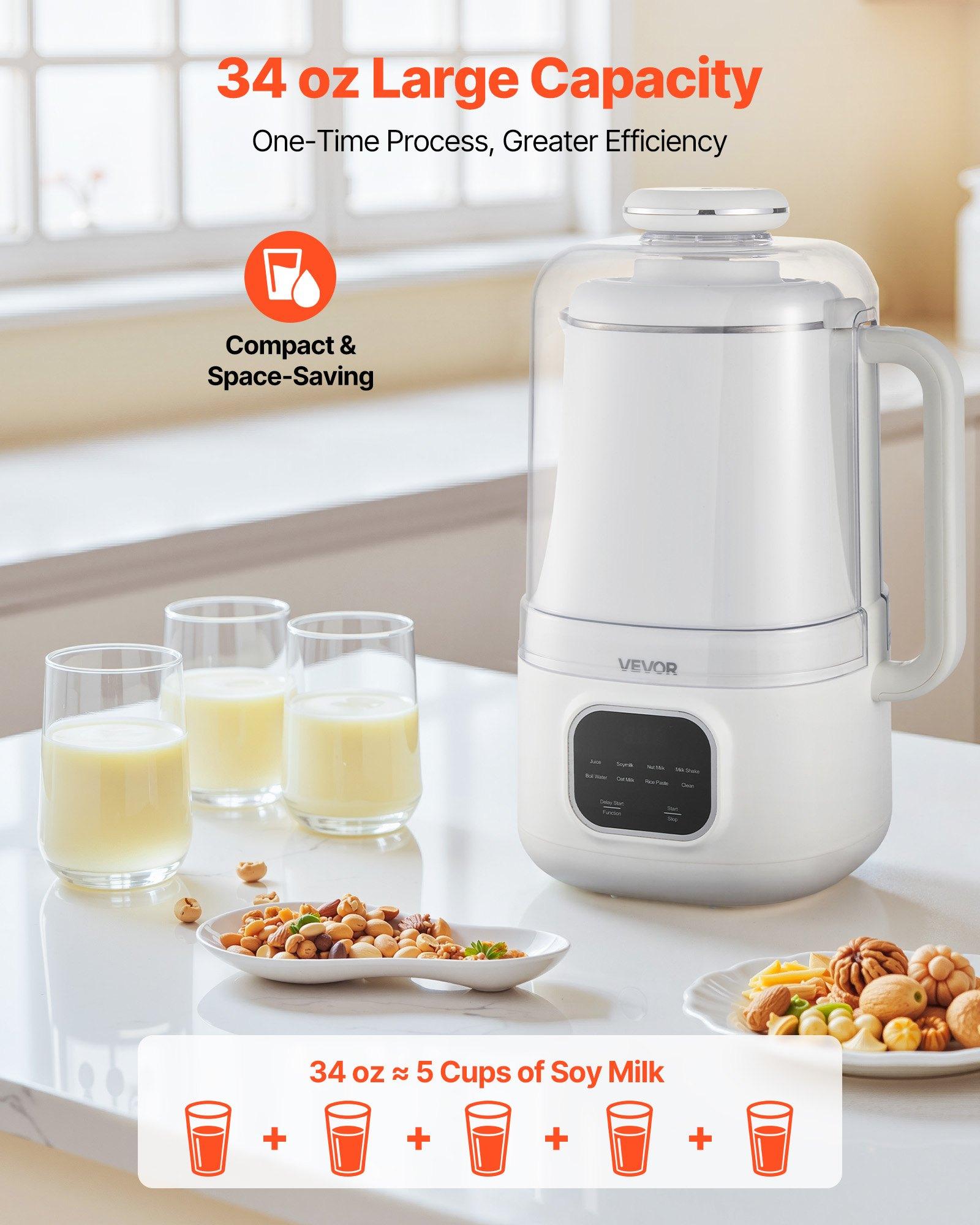 VEVOR 8-in-1 Nut Milk Maker, 34 oz Soy Milk Maker with 200W Blending, for Homemade Oat, Nut, Soy, Juice, Milkshake, Rice Cereal, Plant-Based Beverages with Self-Cleaning, Boil Water, 12-Hour Delay