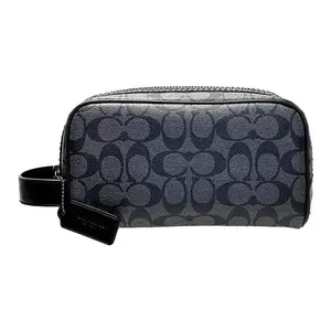 COACH Travel Kit 22 Small Toiletry Bag for Men and Women, Classic Monogram PVC and Canvas with Leather Trim, Black