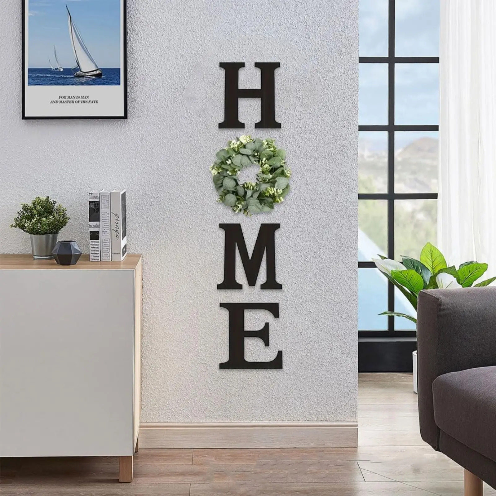 Rustic Black Farmhouse Wooden Letter Decorative Wall Sign with Artificial Eucalyptus Wreath, Vintage Wooden Wall Decor for Entryway Kitchen Living Room, Perfect Housewarming Gift Ornament
