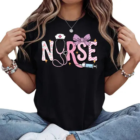 Men's True-Cut Round-Neck Short-Sleeve T-Shirt Top - Made-To-Order Casual Nurse Tee with Cute Bow Photo Print for Healthcare Workers