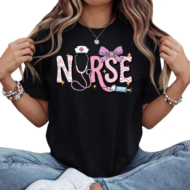 Men's True-Cut Round-Neck Short-Sleeve T-Shirt Top - Made-To-Order Casual Nurse Tee with Cute Bow Photo Print for Healthcare Workers