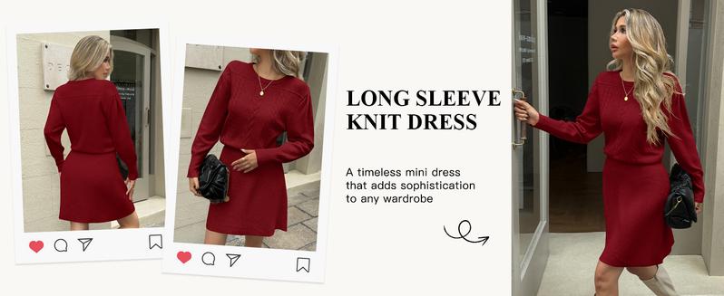 Saodimallsu Womens Puff Long Sleeve Sweater Dress Cable Knit A Line Crew Neck Fall Casual Flare Mini Dresses