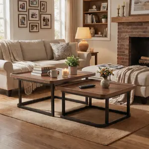 Space-Saving Nesting Coffee Table Set of 2 - Modern Square Stackable End Tables for Living Room, Bedroom, Balcony - Mid Century Style - Walnut/Black/White