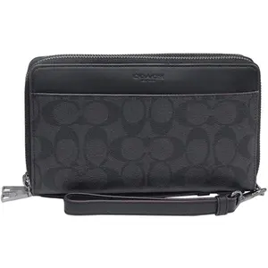 COACH Double Zip Wallet 20 for Men – Classic Monogram Long Wallet with Coated Canvas and Leather, Black