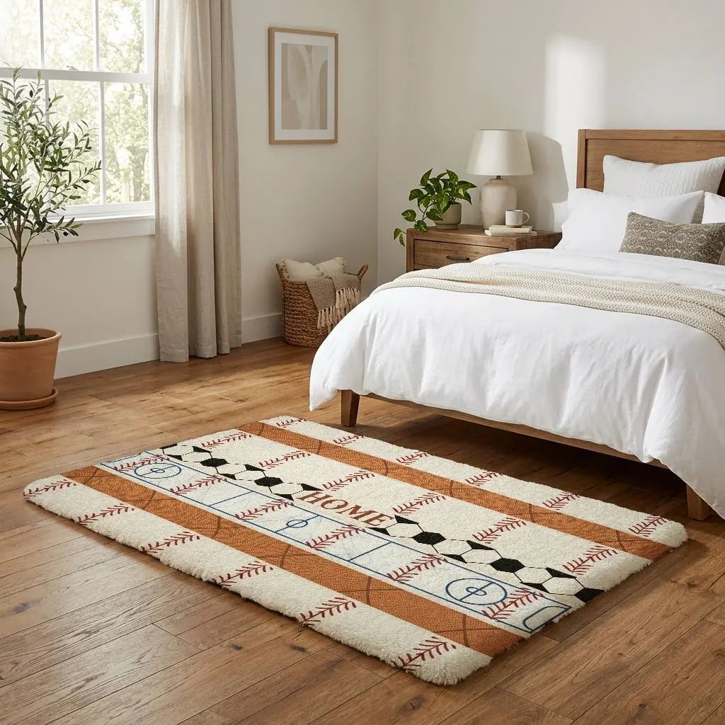 Baseball themed area rug featuring home text and sports court patterns, perfect for living room, bedroom, or sports fan game room decor as a unique holiday gift.