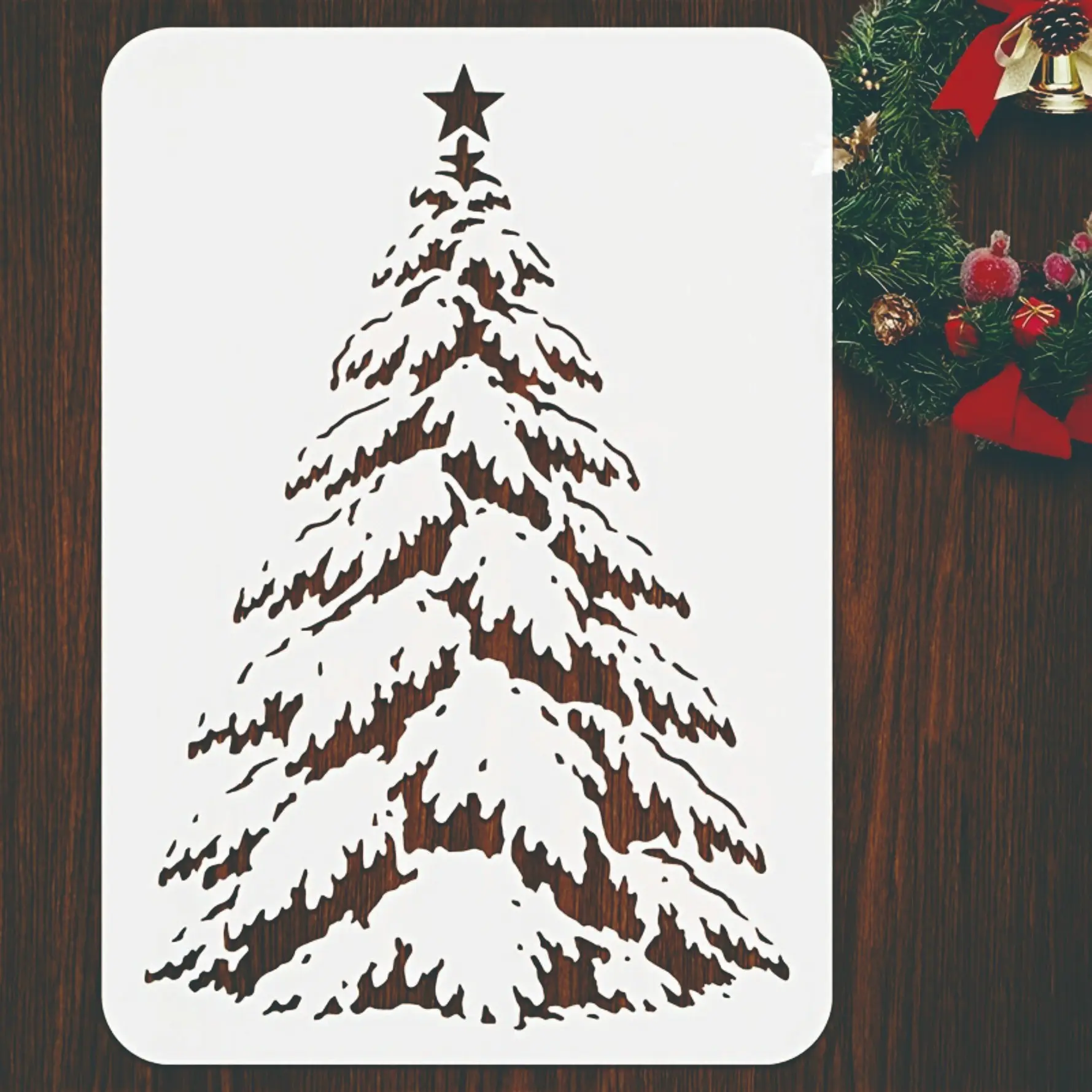 Winter Theme Christmas Tree Template, 8.3x11.7 Inch, Snow Covered Design, Wall Painting Template, Wooden Canvas Furniture Decoration